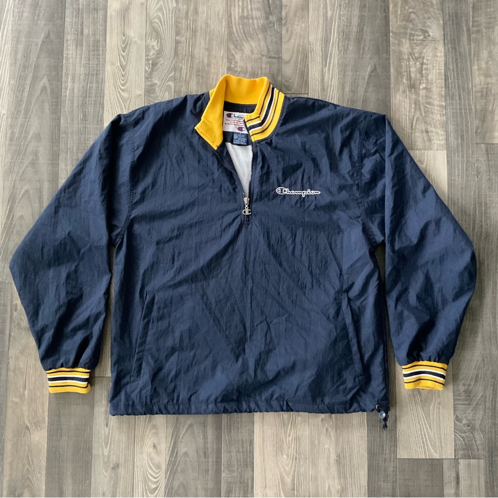 VTG 90’s Champion Quarter Zip Windbreaker Jacket
Men’s Medium 
Navy Blue Gold